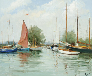 港湾帆船风景油画