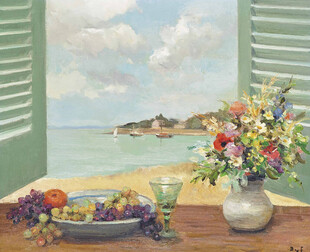 窗边海景静物油画