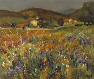 郊野花田村落风景油画