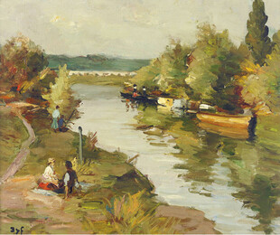 郊野河畔风景油画