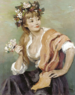 持花少女古典油画