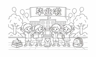 儿童校园生活毕业啦线稿