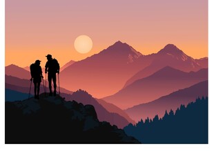 登山日落插画
