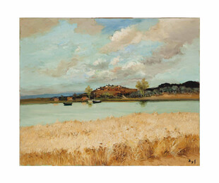 湖畔郊野风景油画