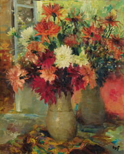 窗边瓶花静物油画