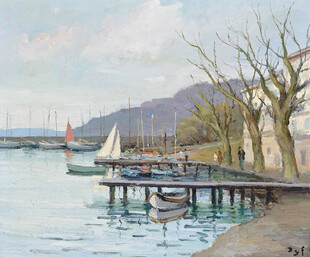 临湖码头风景油画