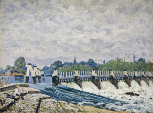 河畔水坝风景油画
