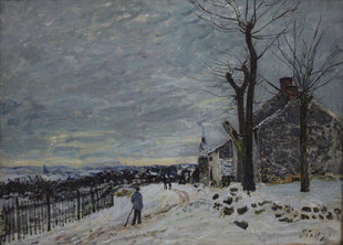 冬日雪后乡村街景油画