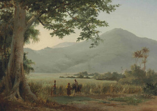 乡野晨雾远山风景油画