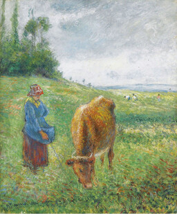 牧牛农妇田野油画