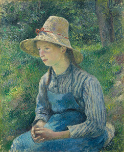 林间戴草帽少女油画