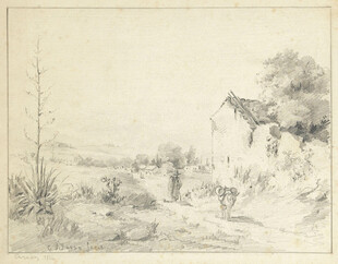 复古素描乡村水岸风景