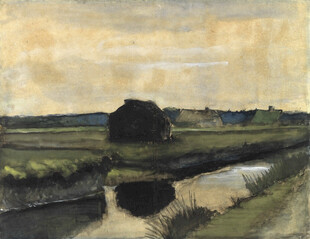 郊野河畔风景油画