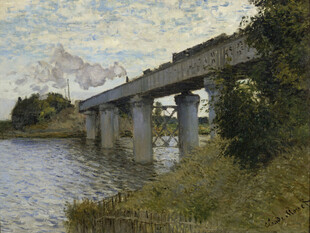 河畔铁路桥风景油画