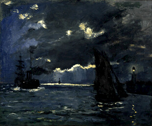 月夜海景帆船油画