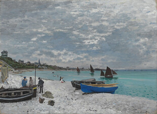 海滩渔船风景油画