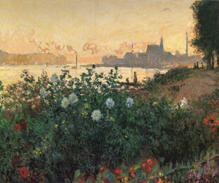 河畔黄昏花卉风景油画