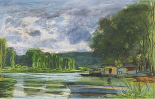 郊野河畔风景油画