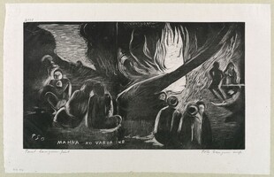篝火旁黑白人物版画