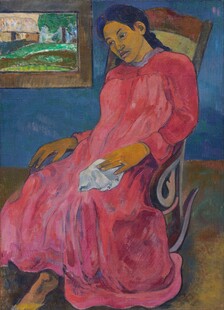 红衣女子坐像油画