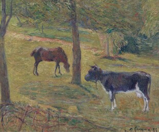 郊野牧牛马油画