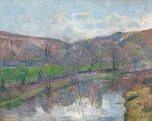 河畔山野风景油画