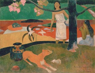 树下女子与小鹿油画