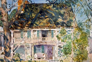 水彩林间复古小屋