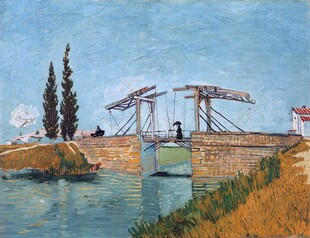 河畔吊桥风景油画