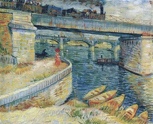 河畔桥梁风景油画