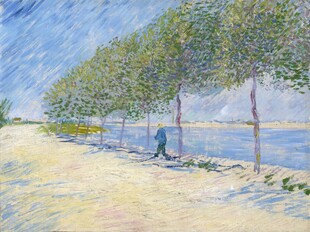 河畔步道风景油画