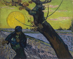 夕阳下劳作人物油画