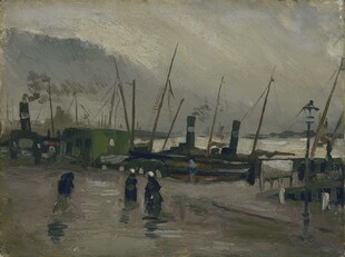 雾中港口风景油画