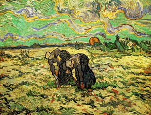日落田间农妇劳作油画