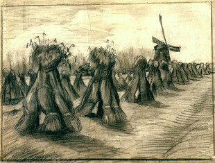 复古乡野草垛风车版画