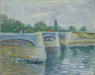 河畔石桥风景油画