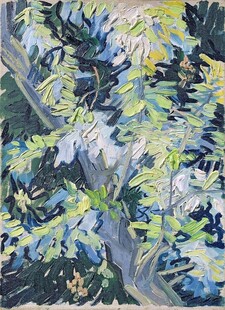 油画风林间树木风景