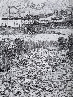 复古河畔城镇版画