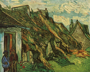 乡村茅草屋风景油画