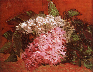 红底丁香花静物油画