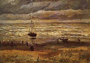 海滨帆船风景油画