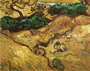郊野野兔风景油画