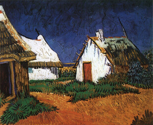 乡村茅草屋风景油画