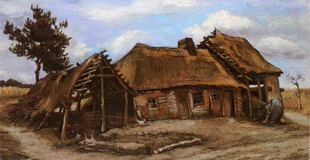 乡村茅草屋风景油画