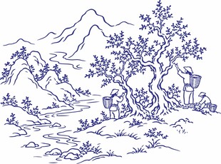 中式线描山水风景