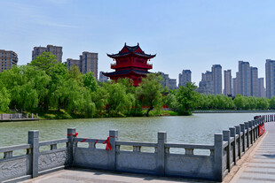 河畔古楼城市风光