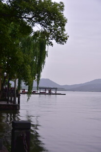 雾色湖畔山水风光