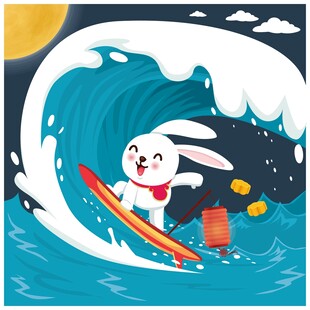玉兔冲浪趣味插画