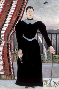 黑衣持伞女子肖像油画
