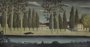 湖畔乡村风景油画